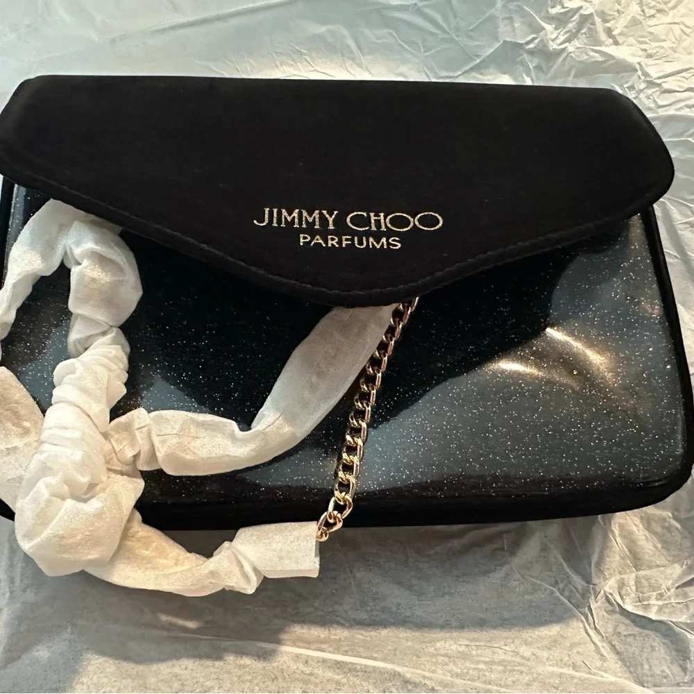 Jimmy Choo Black Suede like & Glitter Clutch with Gold Chain NWT - Picture 2 of 9